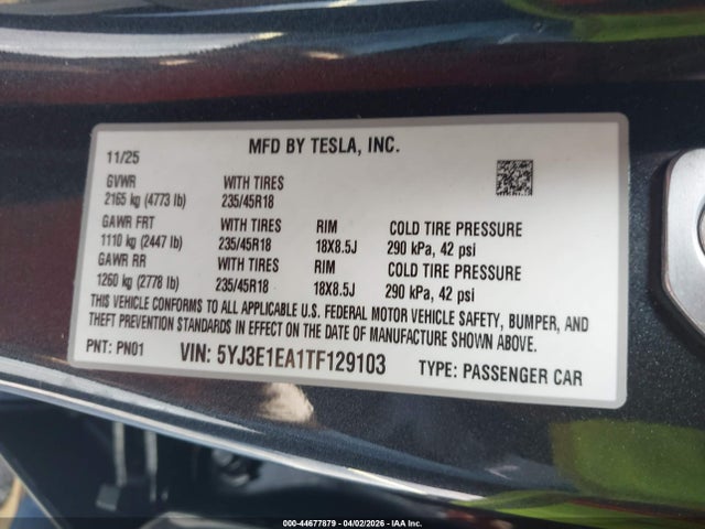 Продаж на аукціоні авто 2026 Tesla Model 3 Premium Rear-wheel Drive, vin: 5YJ3E1EA1TF129103, номер лоту: 44677879