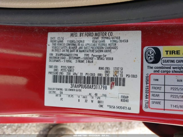 2010 FORD FUSION 3FAHP0JG0AR311798 Photo 8