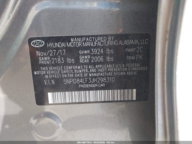 5NPD84LF3JH298310 Hyundai ELANTRA SEL