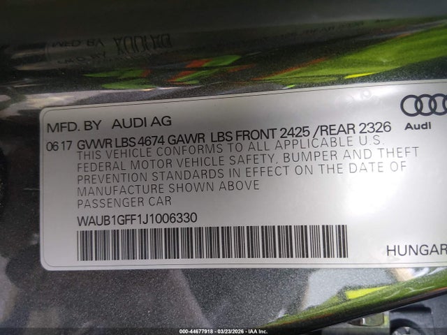 Aukcja sprzedaży 2018 Audi S3 2.0t Premium Plus, vin: WAUB1GFF1J1006330, numer aukcji: 44677918