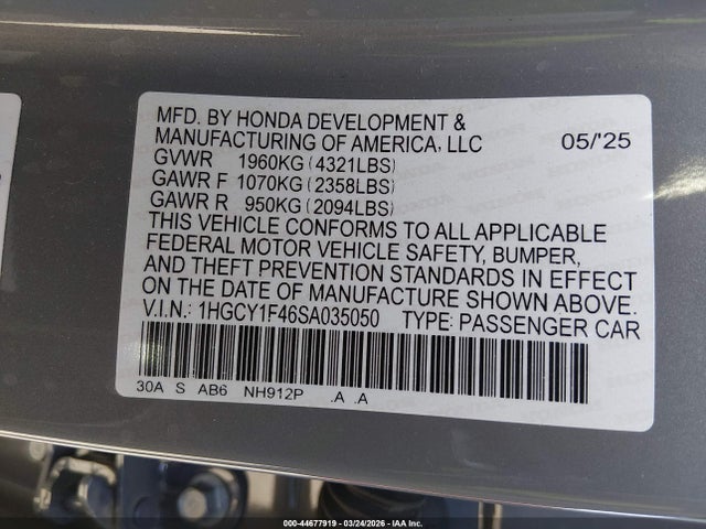 Aukcja sprzedaży 2025 Honda Accord Se, vin: 1HGCY1F46SA035050, numer aukcji: 44677919