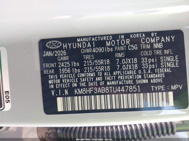 Продаж на аукціоні авто 2026 Hyundai Kona Sel Sport, vin: KM8HF3AB8TU447851, номер лоту: 44677956