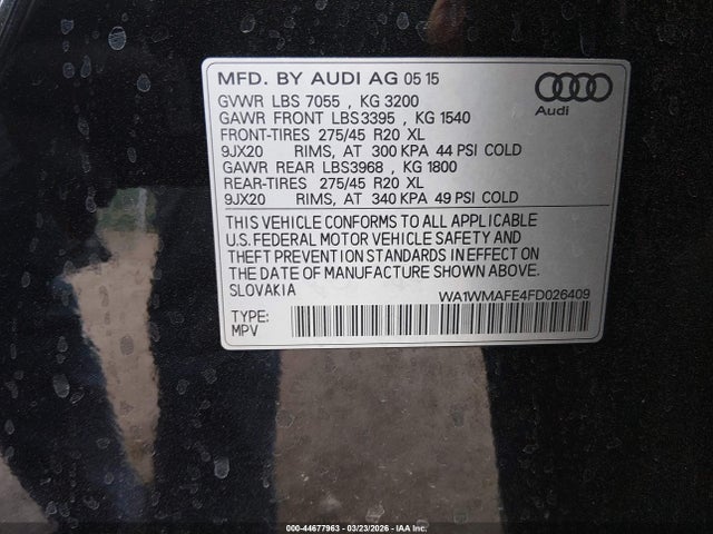 44677963 :رقم المزاد ، WA1WMAFE4FD026409 vin ، 2015 Audi Q7 3.0 Tdi Premium مزاد بيع
