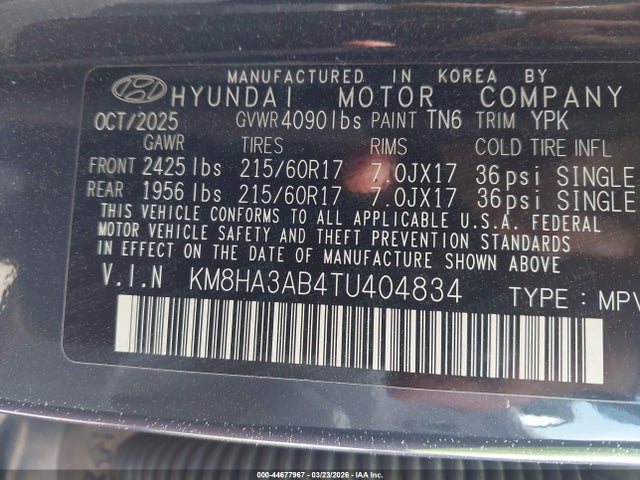 Aukcja sprzedaży 2026 Hyundai Kona Se, vin: KM8HA3AB4TU404834, numer aukcji: 44677967