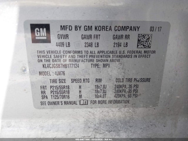 Aukcja sprzedaży 2017 Buick Encore Essence, vin: KL4CJGSB7HB177124, numer aukcji: 44677998