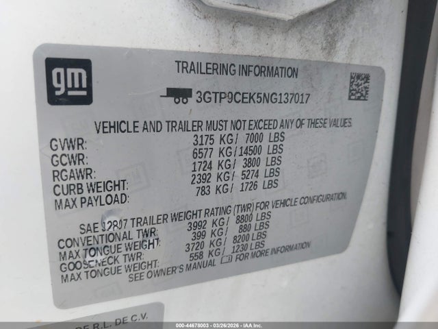 Aukcja sprzedaży 2022 Gmc Sierra 1500 Limited 4wd  Short Box Elevation, vin: 3GTP9CEK5NG137017, numer aukcji: 44678003