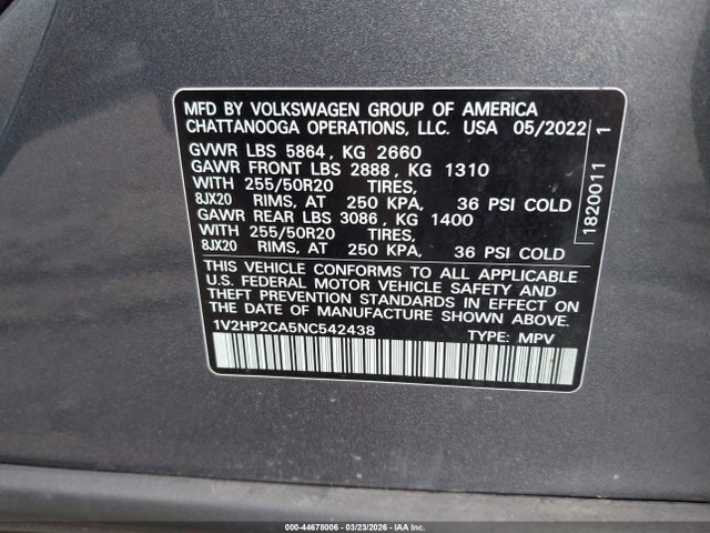 44678006 :رقم المزاد ، 1V2HP2CA5NC542438 vin ، 2022 Volkswagen Atlas 2.0t Se W/technology مزاد بيع