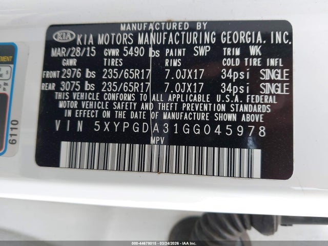 Продаж на аукціоні авто 2016 Kia Sorento 2.4l Lx, vin: 5XYPGDA31GG045978, номер лоту: 44678015