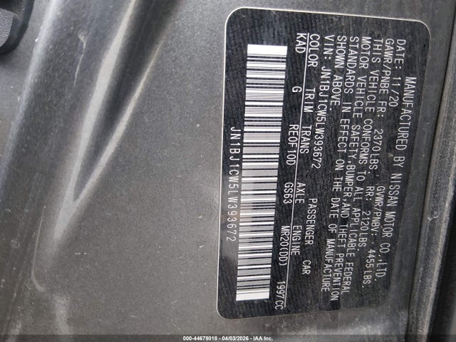 44678018 :رقم المزاد ، JN1BJ1CW5LW393672 vin ، 2020 Nissan Rogue Sport S Awd Xtronic Cvt مزاد بيع