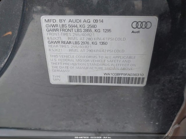 44678038 :رقم المزاد ، WA1CGBFP9FA036310 vin ، 2015 Audi Sq5 3.0t Premium Plus مزاد بيع