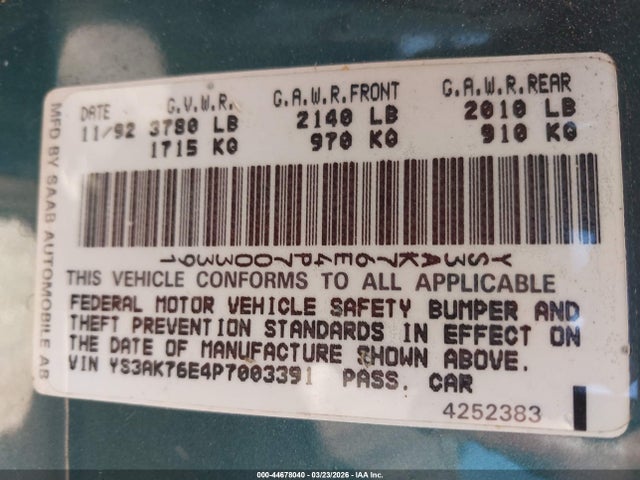 1993 SAAB 900 YS3AK76E4P7003391 Photo 8