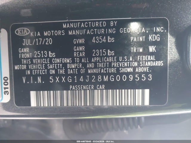 Aukcja sprzedaży 2021 Kia K5 Lxs, vin: 5XXG14J28MG009553, numer aukcji: 44678045