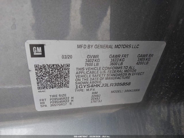 44678047 :رقم المزاد ، 1GYS4HKJ3LR305858 vin ، 2020 Cadillac Escalade Esv 4wd Luxury مزاد بيع