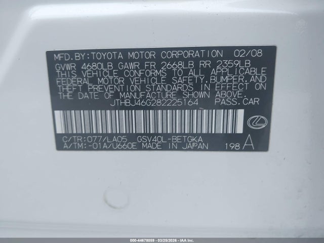 44678059 :رقم المزاد ، JTHBJ46G282225164 vin ، 2008 Lexus Es 350 مزاد بيع
