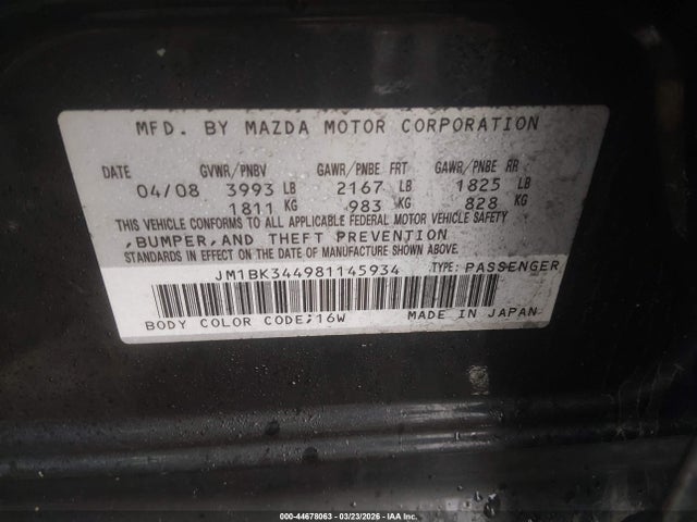 44678063 :رقم المزاد ، JM1BK344981145934 vin ، 2008 Mazda Mazda3 S Sport مزاد بيع