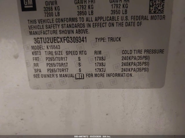 2015 Gmc Sierra 1500 Sle მანქანა იყიდება აუქციონზე, vin: 3GTU2UECXFG309341, აუქციონის ნომერი: 44678072
