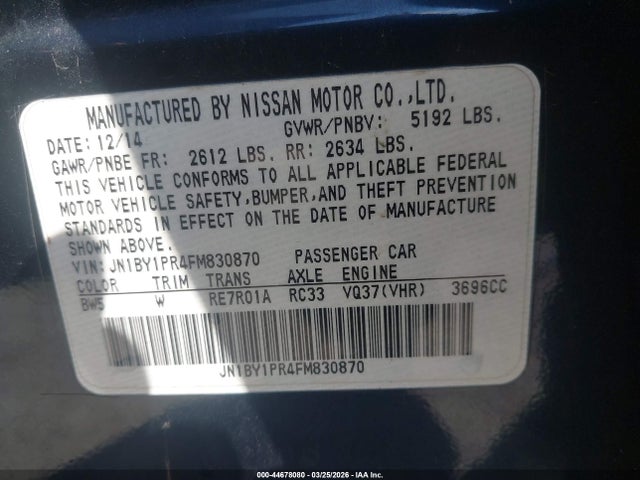 Aukcja sprzedaży 2015 Infiniti Q70l 3.7x, vin: JN1BY1PR4FM830870, numer aukcji: 44678080
