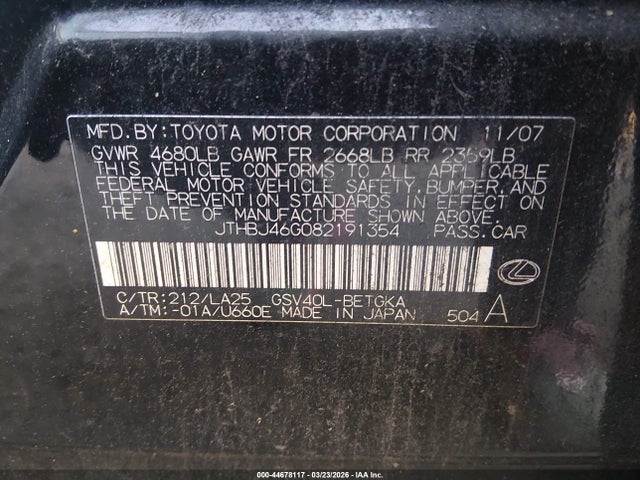 44678117 :رقم المزاد ، JTHBJ46G082191354 vin ، 2008 Lexus Es 350 مزاد بيع