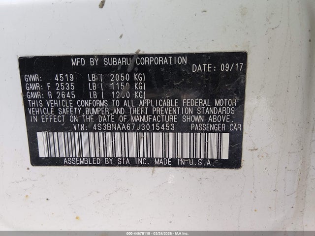 2018 Subaru Legacy 2.5i მანქანა იყიდება აუქციონზე, vin: 4S3BNAA67J3015453, აუქციონის ნომერი: 44678118