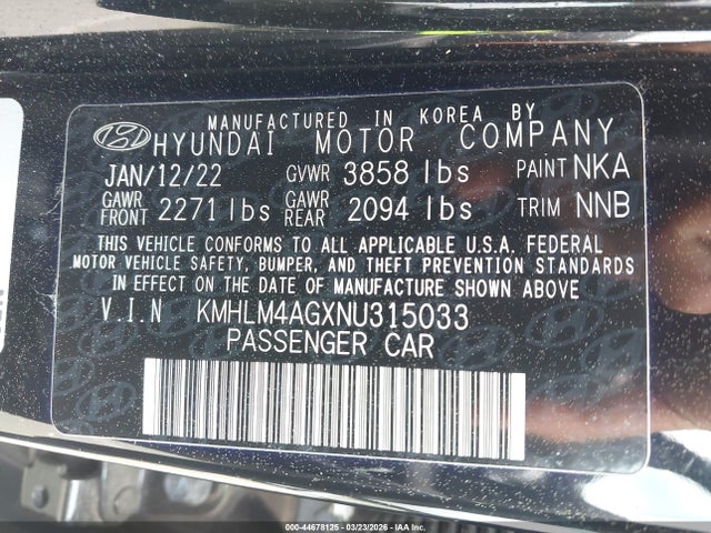 Aukcja sprzedaży 2022 Hyundai Elantra Sel, vin: KMHLM4AGXNU315033, numer aukcji: 44678125