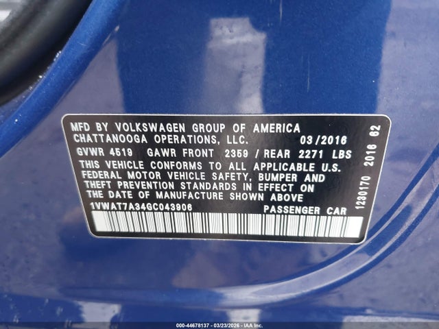 44678137 :رقم المزاد ، 1VWAT7A34GC043906 vin ، 2016 Volkswagen Passat 1.8t S مزاد بيع