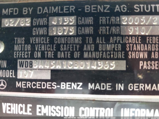 44678140 :رقم المزاد ، WDBBA45A1CB014365 vin ، 1982 Mercedes-benz 380 Sl مزاد بيع