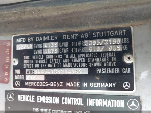 44678140 :رقم المزاد ، WDBBA45A1CB014365 vin ، 1982 Mercedes-benz 380 Sl مزاد بيع