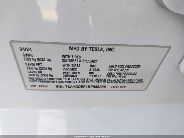 Auction sale of the 2024 Tesla Model Y Performance Dual Motor All-wheel Drive, vin: 7SAYGDEF1RF085385, lot number: 44678148