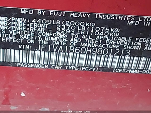 Продаж на аукціоні авто 2017 Subaru Wrx, vin: JF1VA1B60H9801213, номер лоту: 44678161