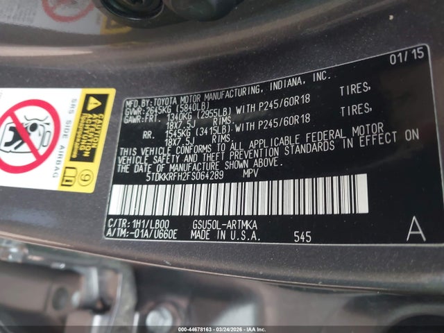 5TDKKRFH2FS064289 Toyota Highlander Xle V6