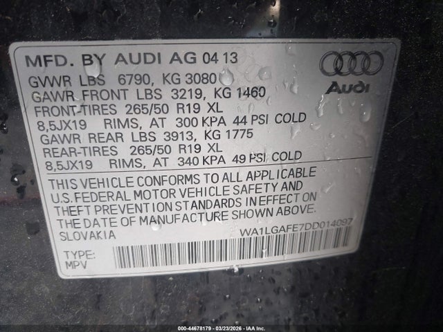 44678179 :رقم المزاد ، WA1LGAFE7DD014097 vin ، 2013 Audi Q7 3.0t Premium مزاد بيع
