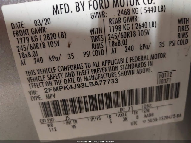 Продаж на аукціоні авто 2020 Ford Edge Sel, vin: 2FMPK4J93LBA77733, номер лоту: 44678194