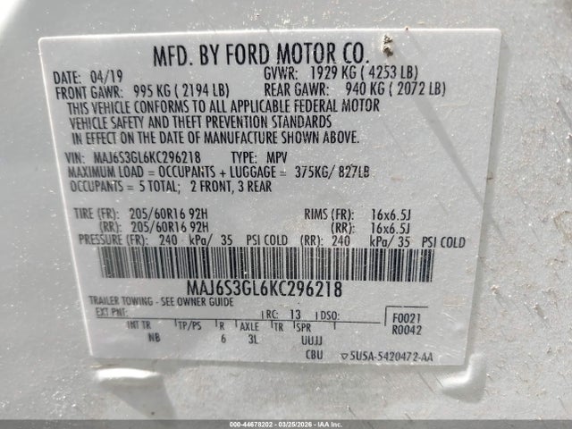 Продажа на аукционе авто 2019 Ford Ecosport Se, vin: MAJ6S3GL6KC296218, номер лота: 44678202
