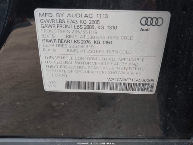 Продаж на аукціоні авто 2014 Audi Q5 3.0 Tdi Premium Plus, vin: WA1CMAFP1EA066208, номер лоту: 44678216
