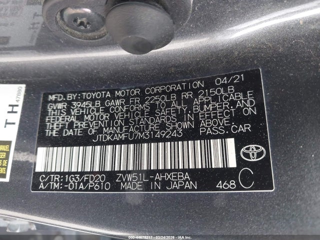 Aukcja sprzedaży 2021 Toyota Prius Le, vin: JTDKAMFU7M3149243, numer aukcji: 44678217