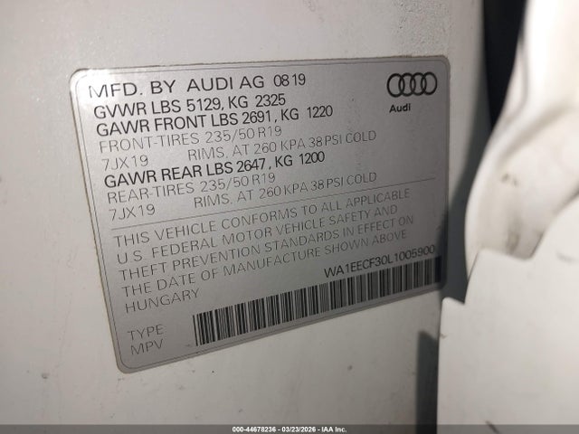 2020 Audi Q3 Premium Plus 45 Tfsi S Line Quattro Tiptronic მანქანა იყიდება აუქციონზე, vin: WA1EECF30L1005900, აუქციონის ნომერი: 44678236
