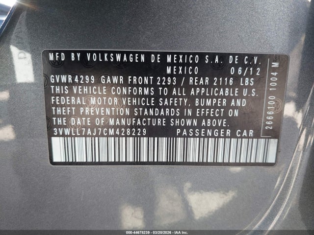 2012 Volkswagen Jetta 2.0l Tdi მანქანა იყიდება აუქციონზე, vin: 3VWLL7AJ7CM428229, აუქციონის ნომერი: 44678239