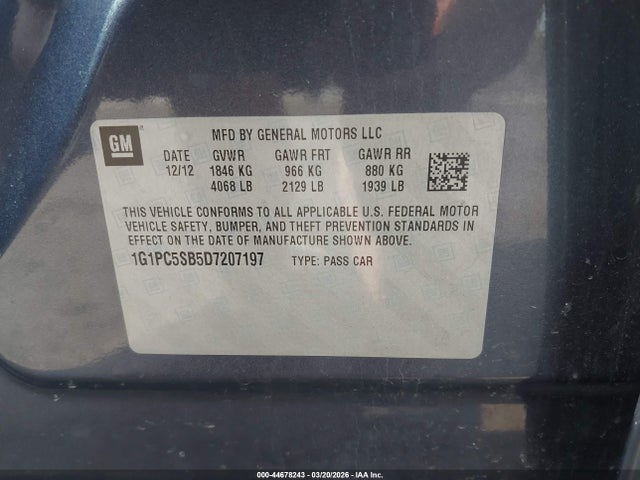 Aukcja sprzedaży 2013 Chevrolet Cruze 1lt Auto, vin: 1G1PC5SB5D7207197, numer aukcji: 44678243