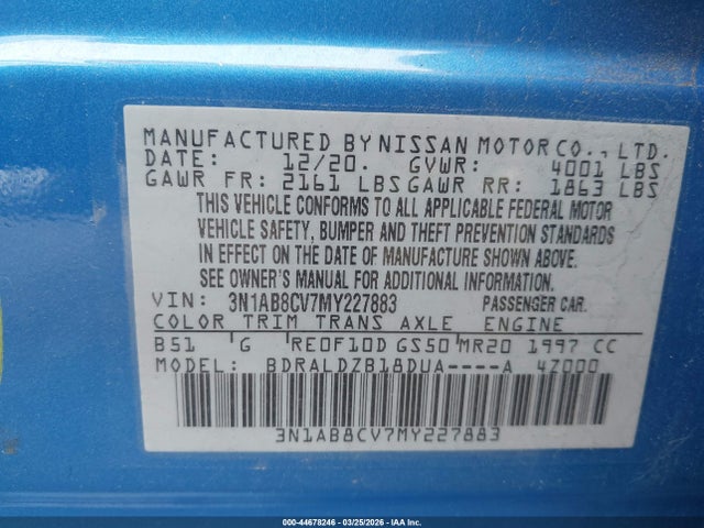Продаж на аукціоні авто 2021 Nissan Sentra Sv Xtronic Cvt, vin: 3N1AB8CV7MY227883, номер лоту: 44678246