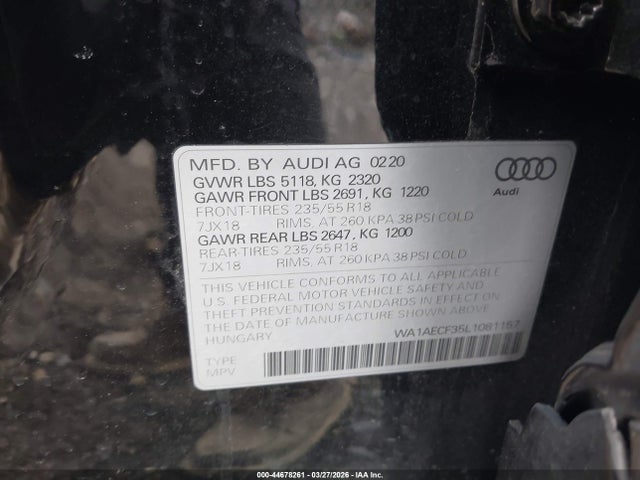 44678261 :رقم المزاد ، WA1AECF35L1081157 vin ، 2020 Audi Q3 Premium 45 Tfsi Quattro Tiptronic مزاد بيع