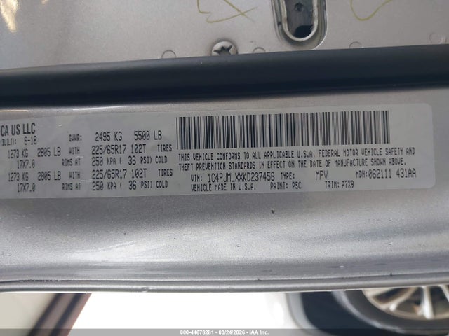 2019 Jeep Cherokee Latitude Plus 4x4 მანქანა იყიდება აუქციონზე, vin: 1C4PJMLXXKD237456, აუქციონის ნომერი: 44678281
