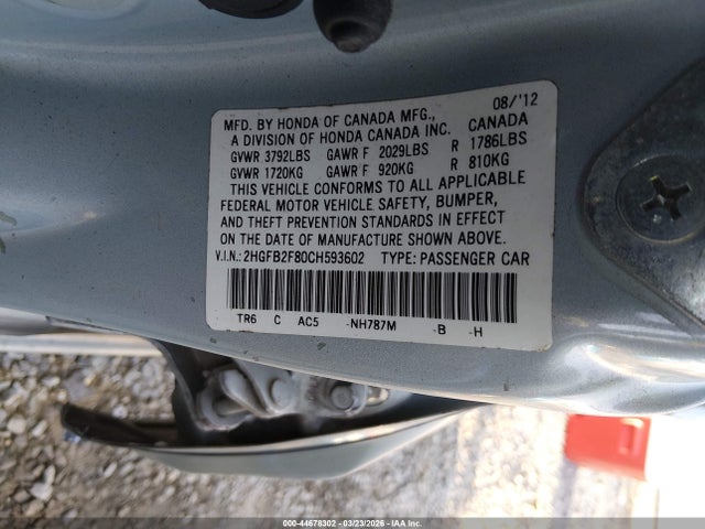 Продаж на аукціоні авто 2012 Honda Civic Ex, vin: 2HGFB2F80CH593602, номер лоту: 44678302