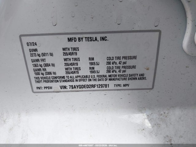 Продаж на аукціоні авто 2024 Tesla Model Y Long Range Single Motor Rear-wheel Drive/rwd, vin: 7SAYGDED2RF129781, номер лоту: 44678307
