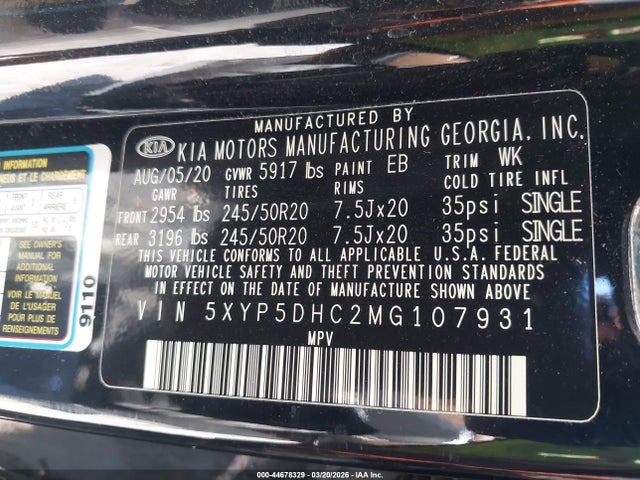 2021 Kia Telluride Sx მანქანა იყიდება აუქციონზე, vin: 5XYP5DHC2MG107931, აუქციონის ნომერი: 44678329