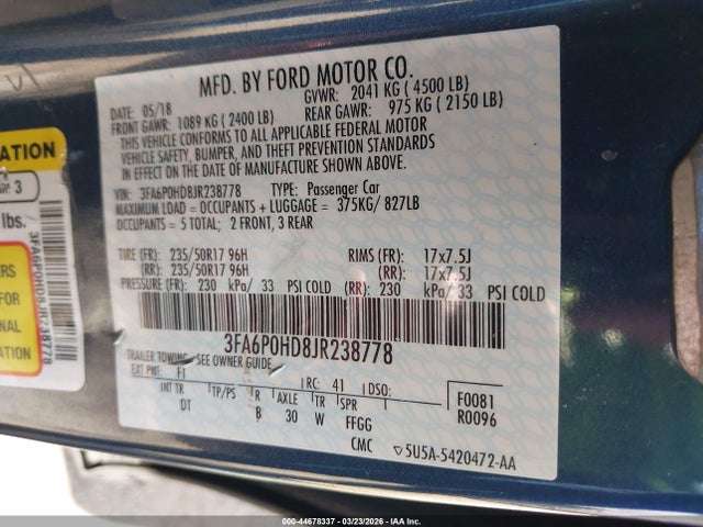 Aukcja sprzedaży 2018 Ford Fusion Se, vin: 3FA6P0HD8JR238778, numer aukcji: 44678337