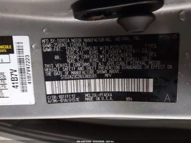 Aukcja sprzedaży 2006 Toyota Sienna Le, vin: 5TDZA23C26S389591, numer aukcji: 44678369