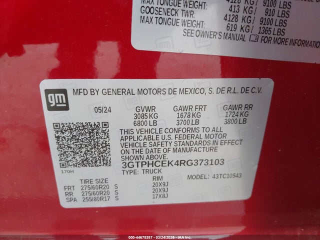 44678387 :رقم المزاد ، 3GTPHCEK4RG373103 vin ، 2024 Gmc Sierra 1500 2wd  Short Box Elevation مزاد بيع