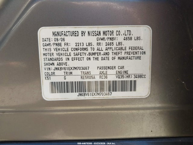 Aukcja sprzedaży 2007 Infiniti G35 Sport, vin: JNKBV61EX7M703467, numer aukcji: 44678388