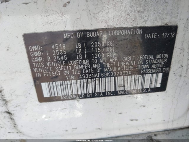 44678391 :رقم المزاد ، 4S3BNAF69K3020230 vin ، 2019 Subaru Legacy 2.5i Premium مزاد بيع