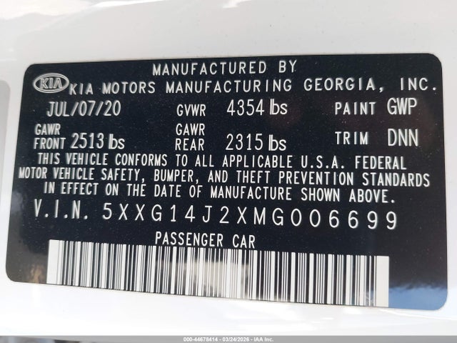 2021 Kia K5 Lxs მანქანა იყიდება აუქციონზე, vin: 5XXG14J2XMG006699, აუქციონის ნომერი: 44678414